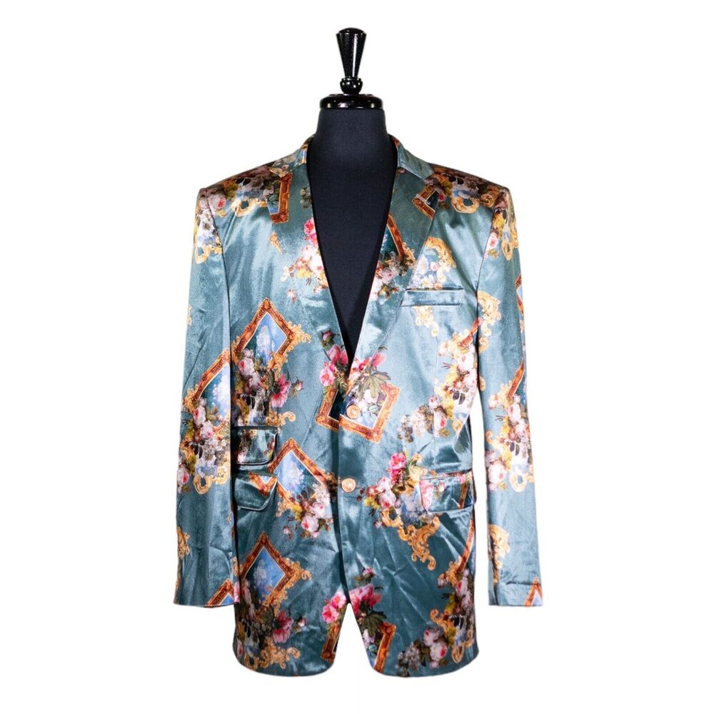 Mens Blazer Multicolor Floral Abstract Velvet Dress Formal Jacket Sport Coat 42R
